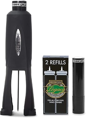 Cork Pops Legacy - Abridor de vino con 3 cartuchos de repuesto integrado con cortador de papel de aluminio de 4 cuchillas, extracción segura de