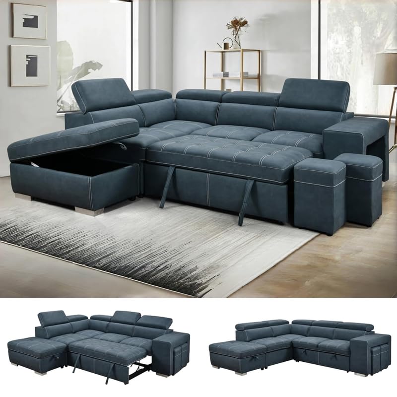 Image of Homax. - Rumi1L-Shaped Sectional Sleeper Sofa Couch in 5 piece with Pull-Out Bed, Storage Ottoman & Adjustable Headrests, Leatherette upholstered, Right-Facing Chaise, Navy Blue