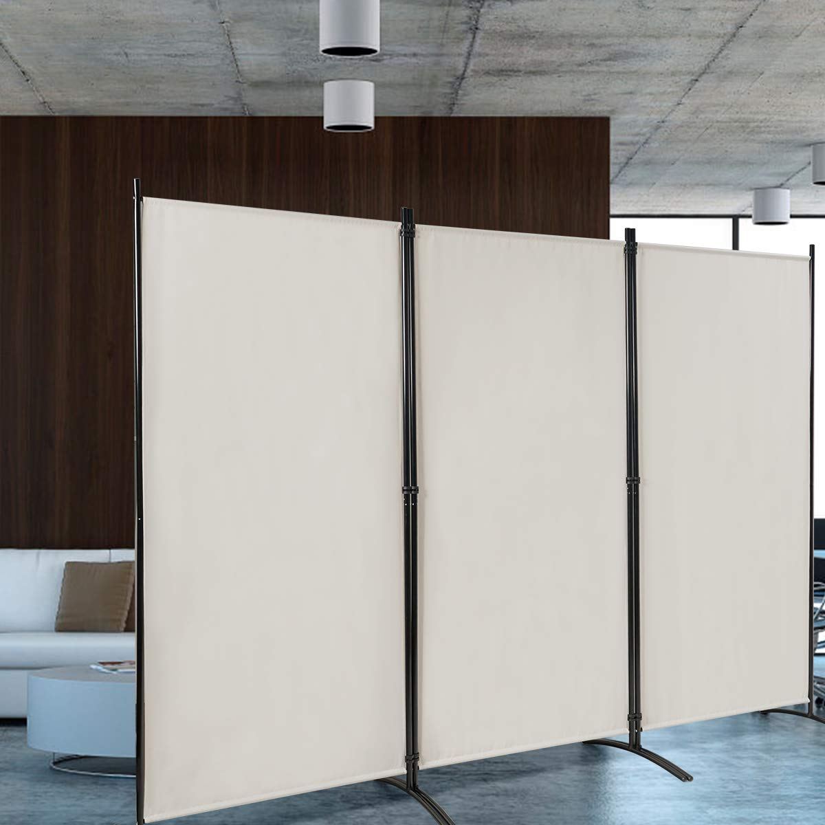COSTWAY Paravent Interieur Exterieur 3 Panneaux 260 x 183 cm, Cloison de Separation Interieur Pliable, Double Charnières en Acier, Tissu Polyester, Separateur de Pieces pour Salon Bureau Balcon(Beige)