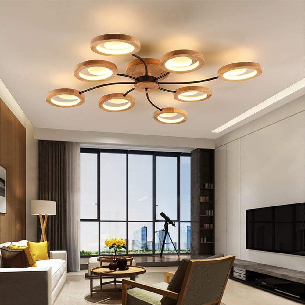 JOJOM Wooden LED Ceiling Light Wood Base Indoor Round Flush Mount 3000K-6000K Modern Dimmable Ceiling Light for Lounge Living Room Kitchen Dining Room Hallway Home Office Children's Room (Size : 8 sh