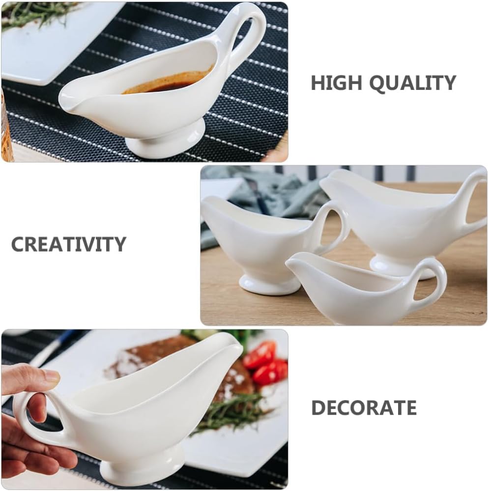 Cabilock Gravy Boat Ceramic Sauce Boat 10oz Serving Dispenser for Salad Dressings Milk,Warming,Creamer,Broth,Black Pepper,White