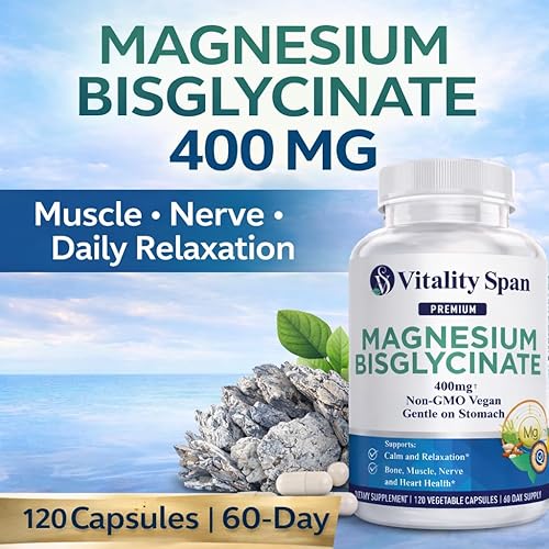 Vista 2 de Glicinato de magnesio 400 mg, magnesio quelatado para relajación y ayuda para dormir, extra fuerte, con óxido de magnesio, suave para el estómago