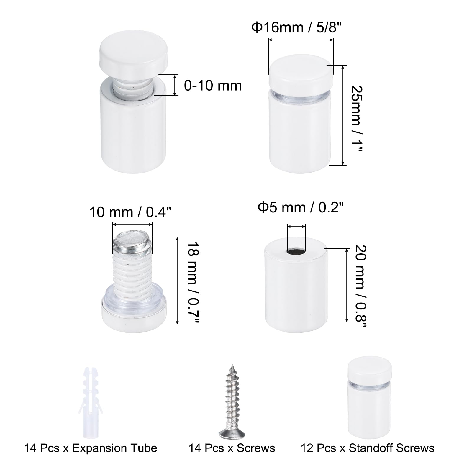 QUARKZMAN 12pz 5/8" x 1" Viti Supporto Acciaio Inossidabile Kit Hardware per Montaggio a Parete per Segni con 14pz Viti per Appendere Segni Vetro Acrilico Tavole Pubblicitarie, Bianco