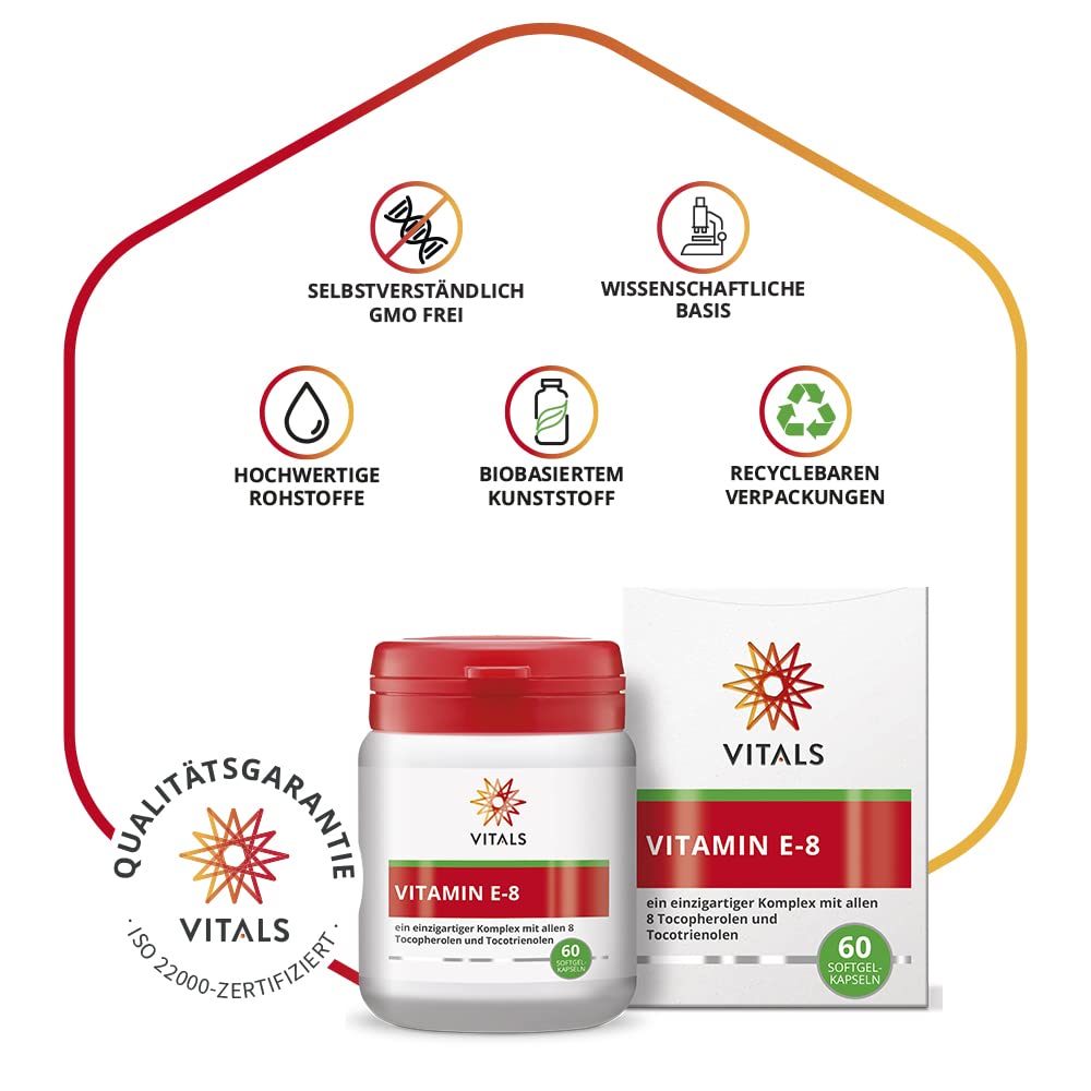 Vitals - Vitamin E-8, 60 Kapseln. Ein Einzigartiger Komplex mit allen 8 Tocopherolen und Tocotrienolen. Enthält nur die besten natürlichen Formen.