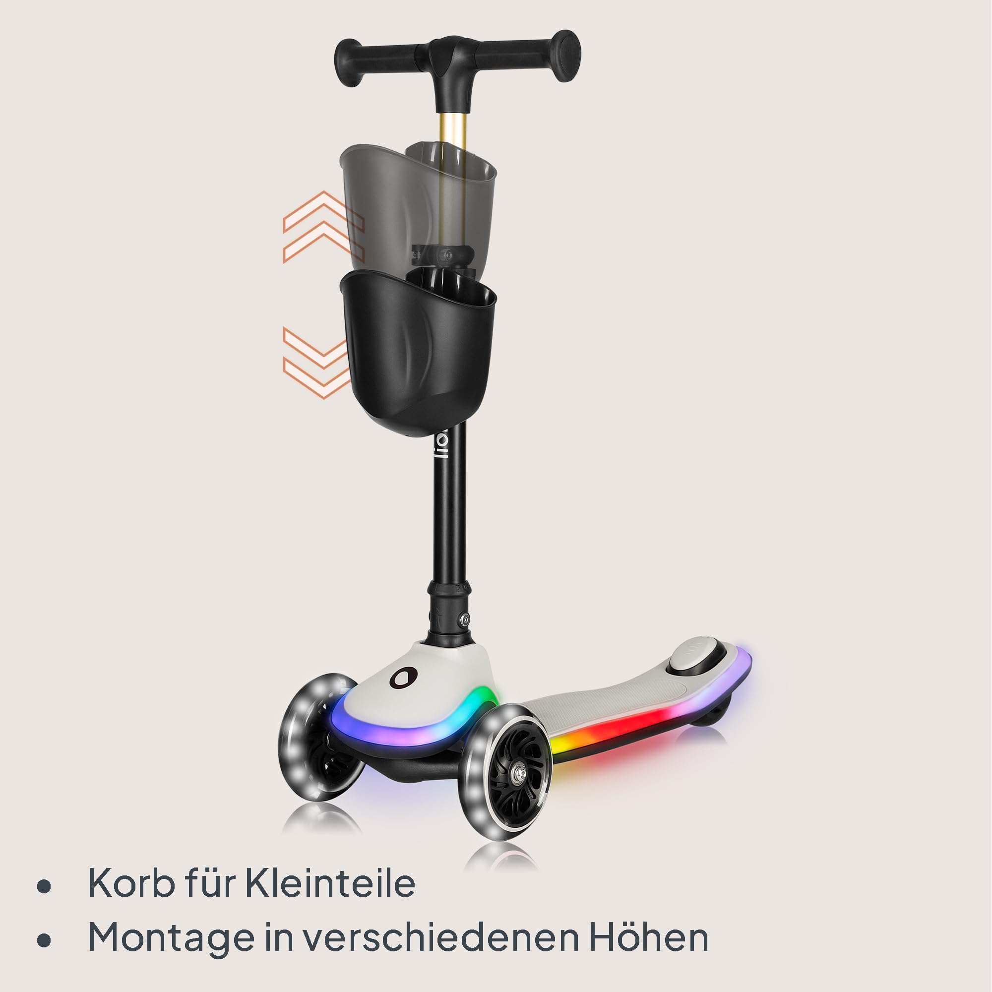 LIONELO MEY Kinder-Balance-Roller ab 3 Jahren bis 50 kg, dreirädriger Kinder-Roller mit Höhenverstellung, rutschfestes beleuchtetes Trittbrett und LED-Räder, Korb