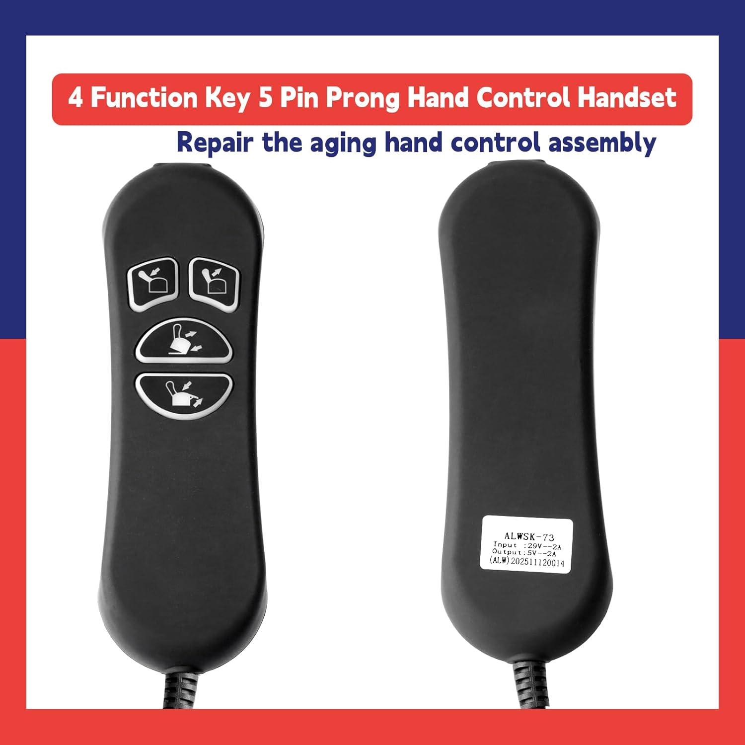 4 Button 5 Pin Prong Hand Control Handset Replacement for Okin for Limoss for Kaidi for Mulin Lift Chairs Motor Controller with USB and Backlight for Electric Sofa and Recliners