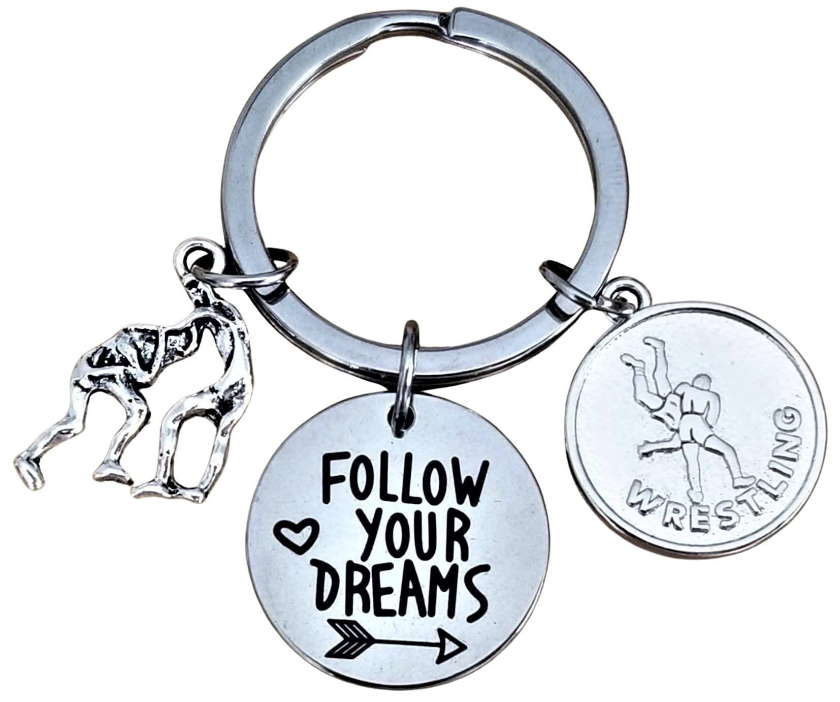 Wrestler Keychain Wrestling Mom Wrestling Coah Gift Follow Your Dreams Keyring, Silver, Diameter of Key Ring : 1.2 inches (3 cm)