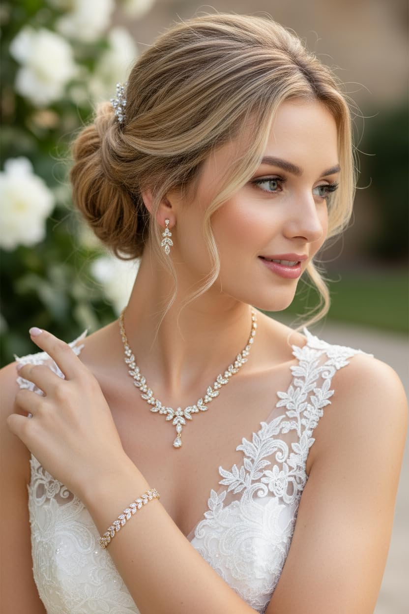 Schmuckset Damen Gold Zirkonia AAA+ – Halskette Ohrringe Armband & optional Diadem – Elegantes Brautschmuck Set für Hochzeit Abiball Kommunion Ball