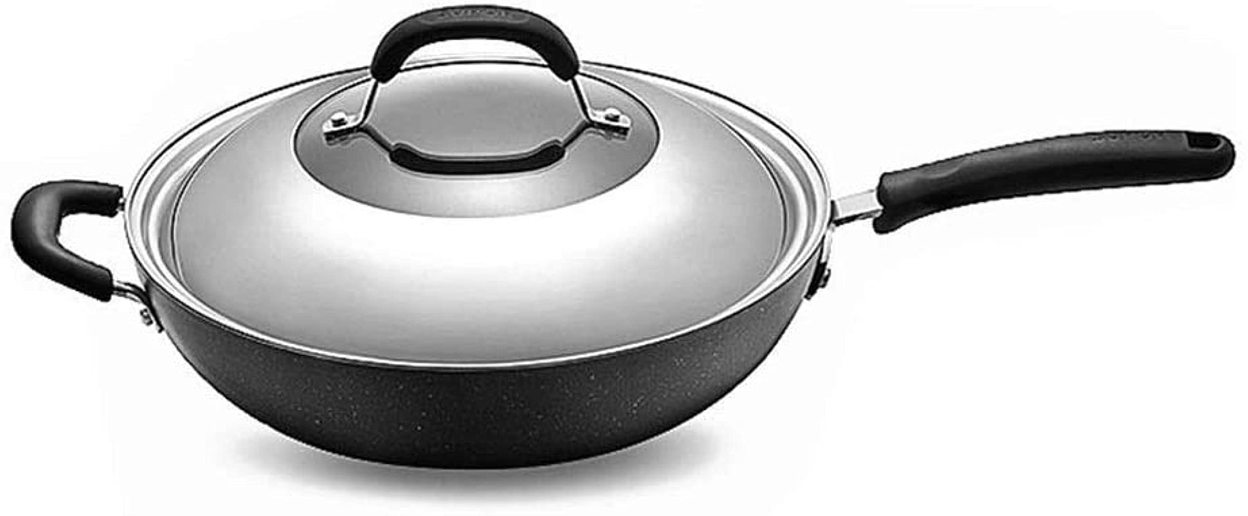 HMTE Padelle Wok Wok con Coperchio, Wok in Acciaio Inossidabile di Grande capacità, Design ergonomico, Wok Antiaderente, Wok Senza Fumo oleoso