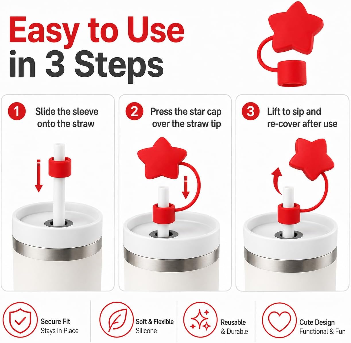 Silicone Star Straw Cover Cap for Cup, Star Shape Topper Compatible with 10mm Stanley 40&30 Oz Cup, Reusable Tips Lids Cute Straw Topper for Tumblers Accessories(Red) image 5