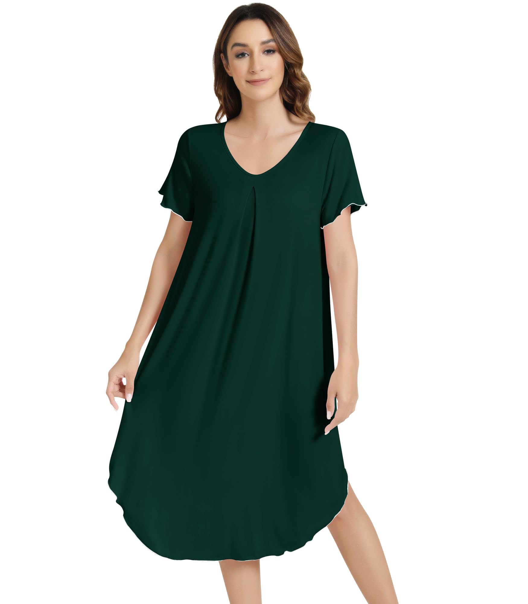 NACHILA Bamboo Viscose Nightgowns for Women Short Sleeve V Neck Sleepwear | Calf Length Nightgowns, Tagless V-Neck Sleepshirt, Pleated Chest Design, Comfortable Short Sleeves, Loose Fit