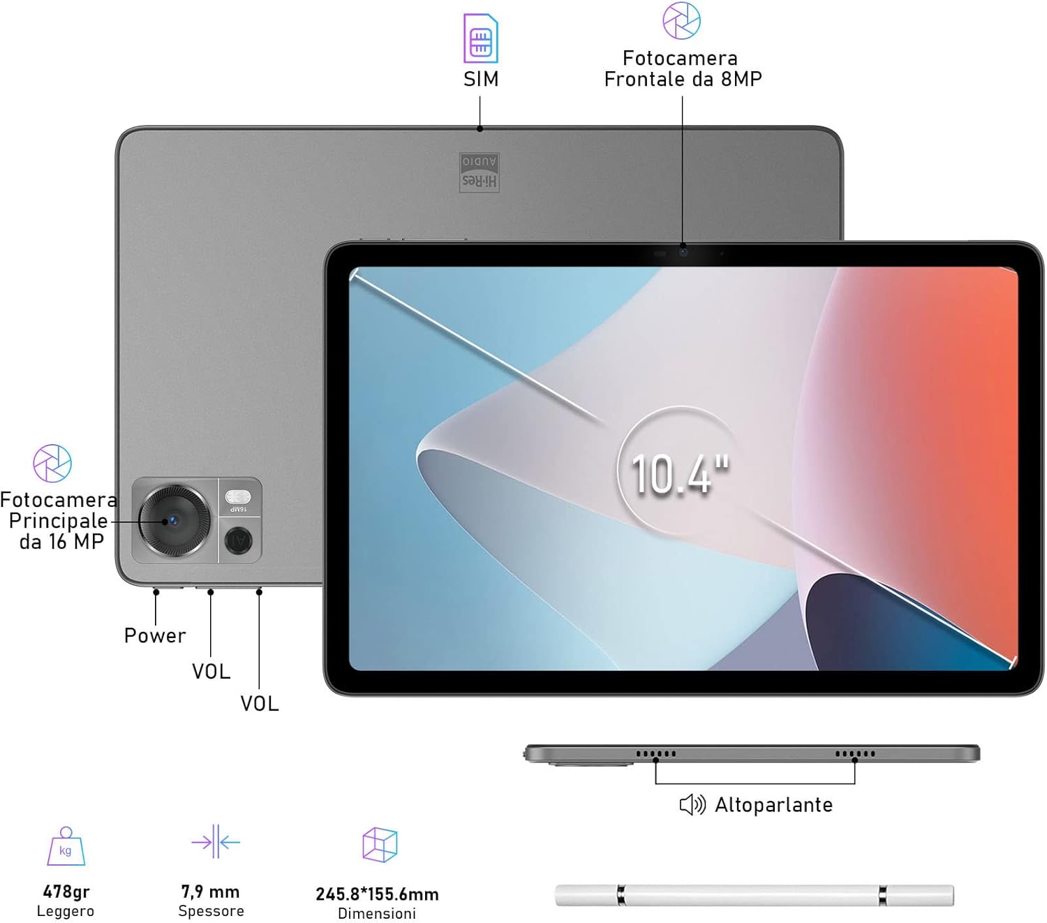 DOOGEE T20 Tablet 10,4 Pollici, 15GB RAM + 256GB ROM(TF 1TB), Tablet 2K HD Octa-Core Android 12 Tablet con Batteria da 8300mAh, Dual 4G e WiFi 2.4/5G, 16MP+8MP, 4 Altoparlanti Hi-Res Audio, Grigio