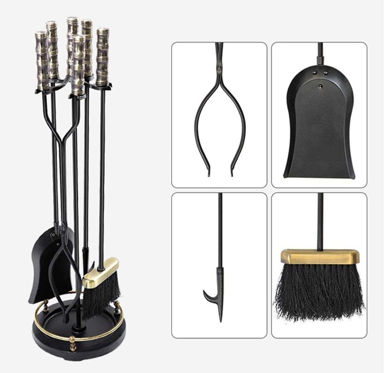 Fireplace Tool 5 Pcs 26 Inch Fireplace Tool Set, Wrought Iron Tool Set for Fire Pit Stove, Indoor Outdoor Fireplace Chimney Hearths Tool Set, Antique Style, Golden Black
