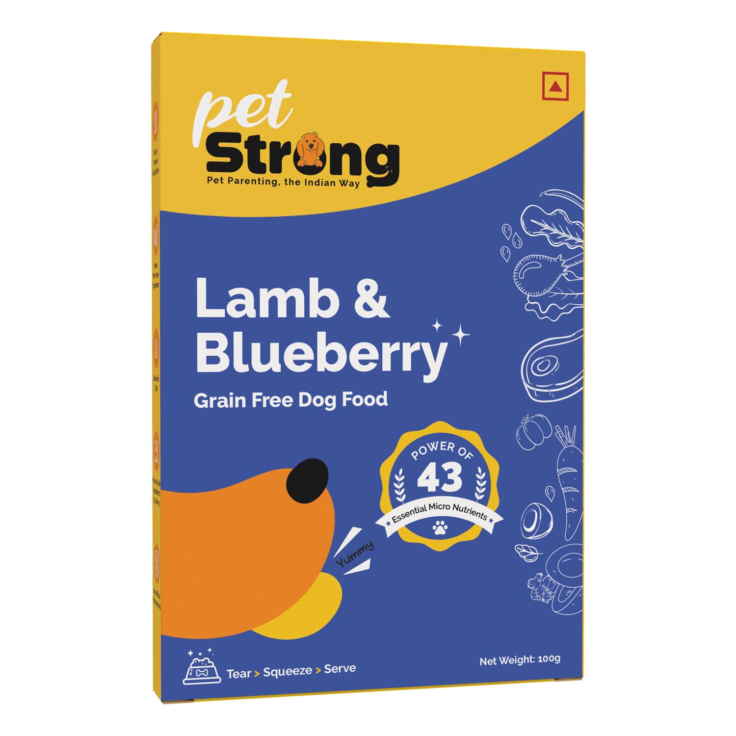 PetStrong Lamb and Blueberry Fresh Wet Food 100g Real Lamb and Chicken Antioxidant-Rich Blueberries, Grain Free Formula, Human Grade, High Protein, 43 Essential Micronutrients (Pack of 1)
