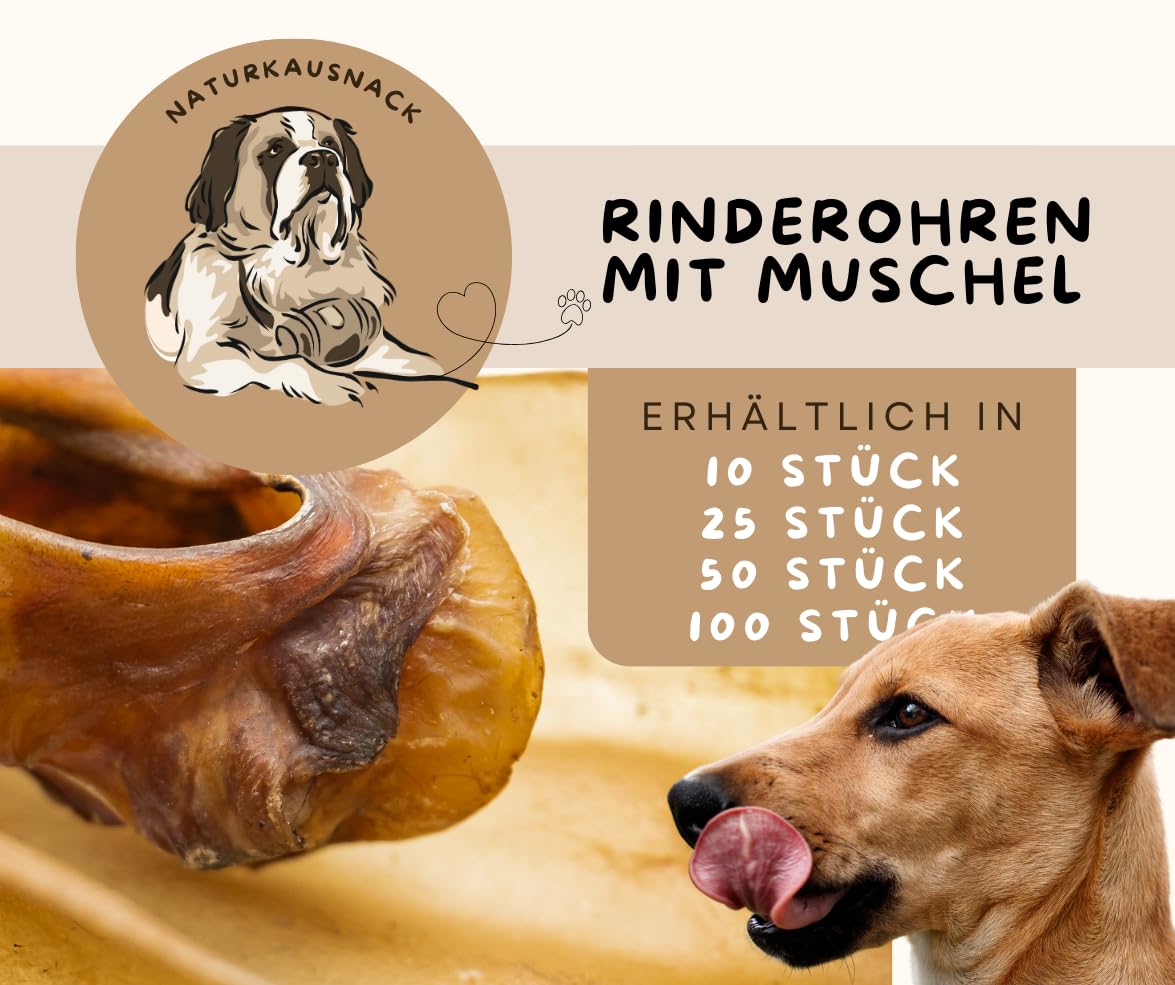 Warnick´s Tierfutterservice Hundesnack - Premium Rinderohren mit Muschel XXL – luftgetrocknet & ohne Zusätze - Zahnpflege & artgerechter Kauspaß für Hunde - 25 Stück im Vorratspack.
