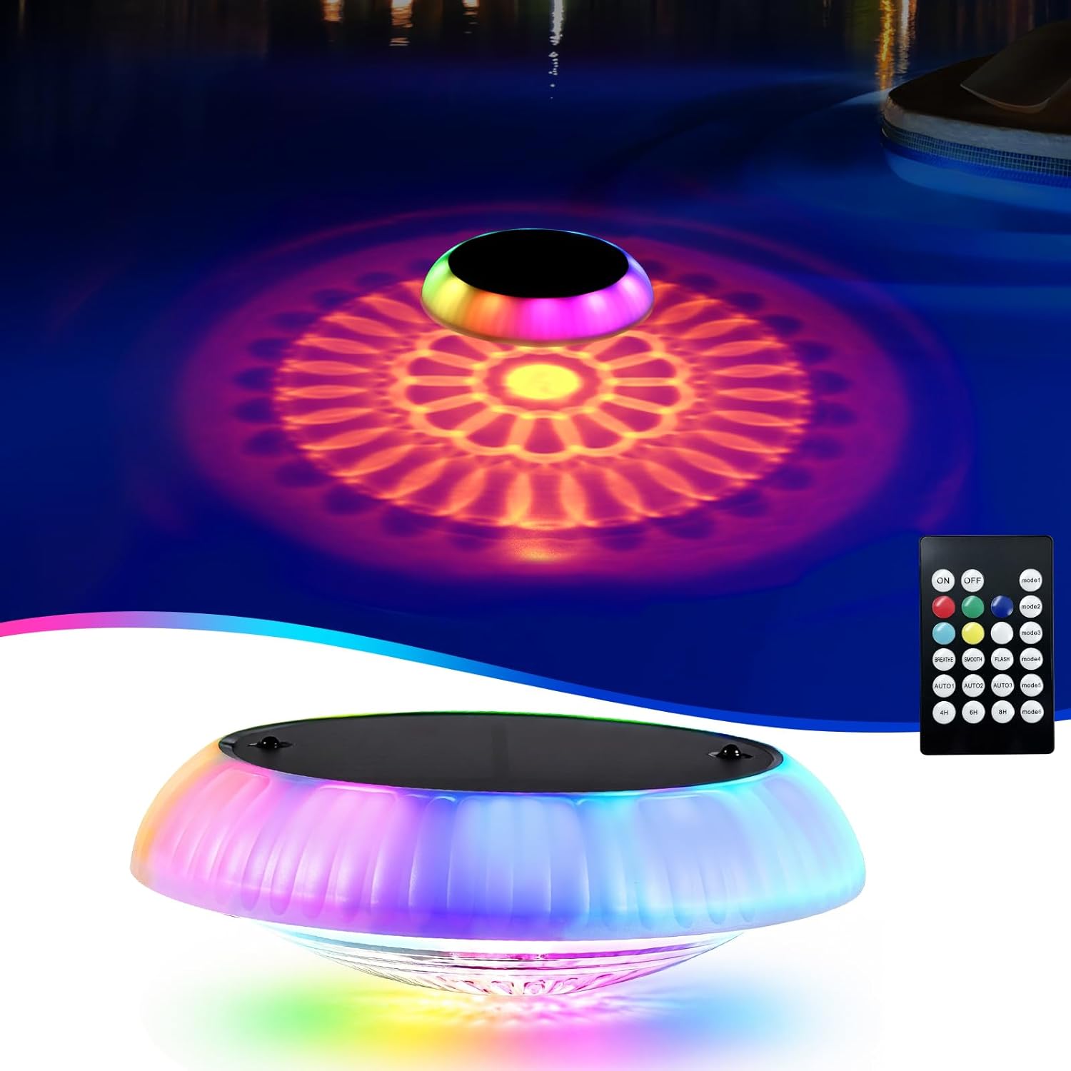 2-Pack Solar Floating Pool Lights, Upper & Lower Dynamic RGB Color-Changing, Waterproof Floating Pool Lights Solar Powered for Pools, Tubs, Outdoor Parties & Garden Decor