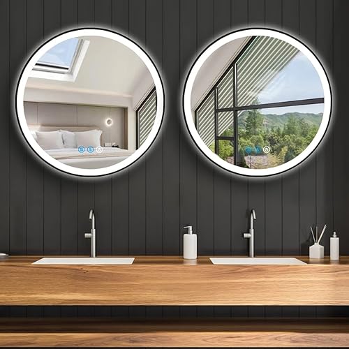 Miniatura 7 de Espejo de tocador redondo iluminado con marco negro con luces, memoria inteligente, 3 colores regulables, luz frontal antivaho de 20 pulgadas,