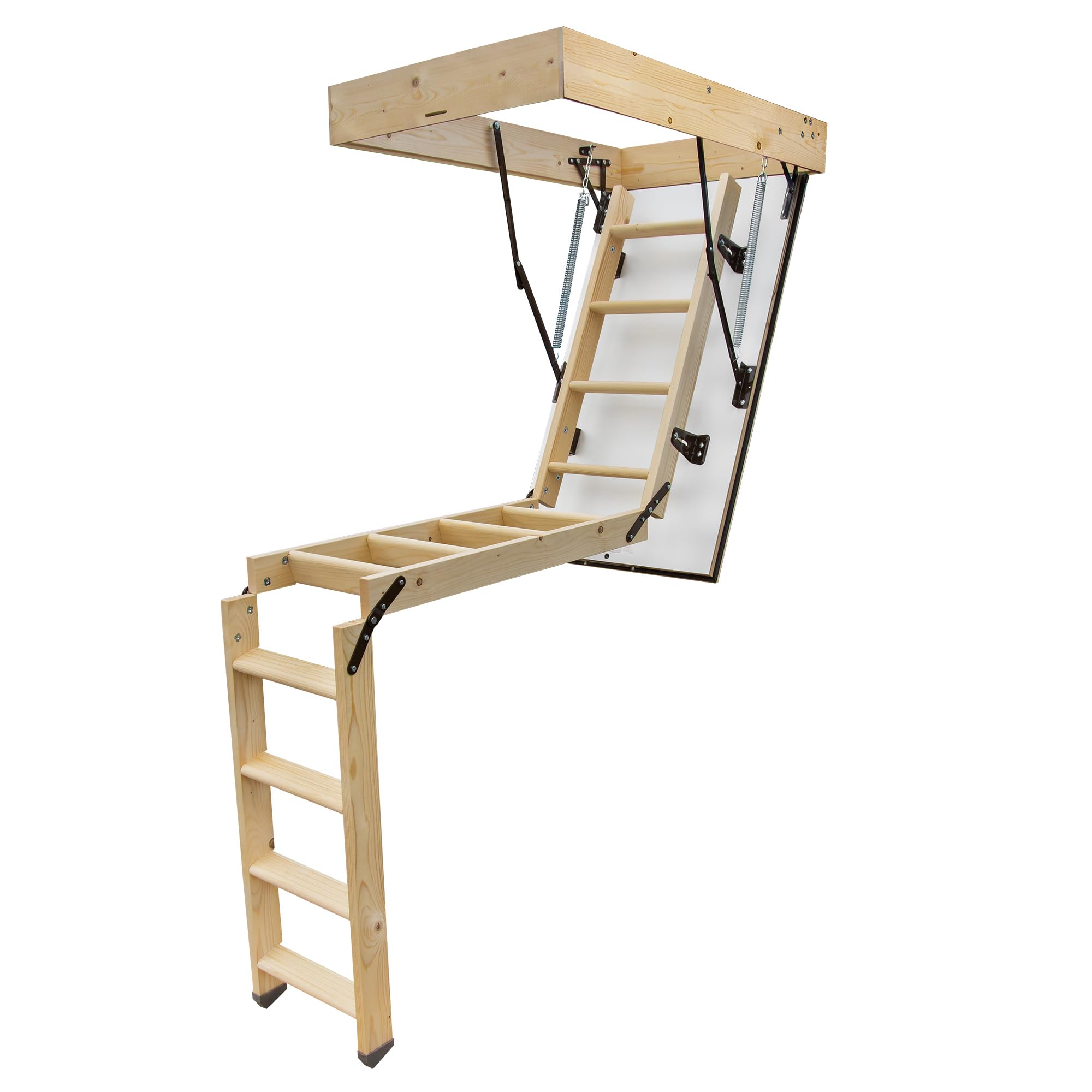 Bodentreppe Gedämmt 110 x 60 cm - Dachbodentreppe aus Fichtenholz U-Wert 1,05 - Raumspartreppe Innen mit Beidseitig Weißer Klappe - Bodenluke mit Treppe bis zu 150 kg Traglast