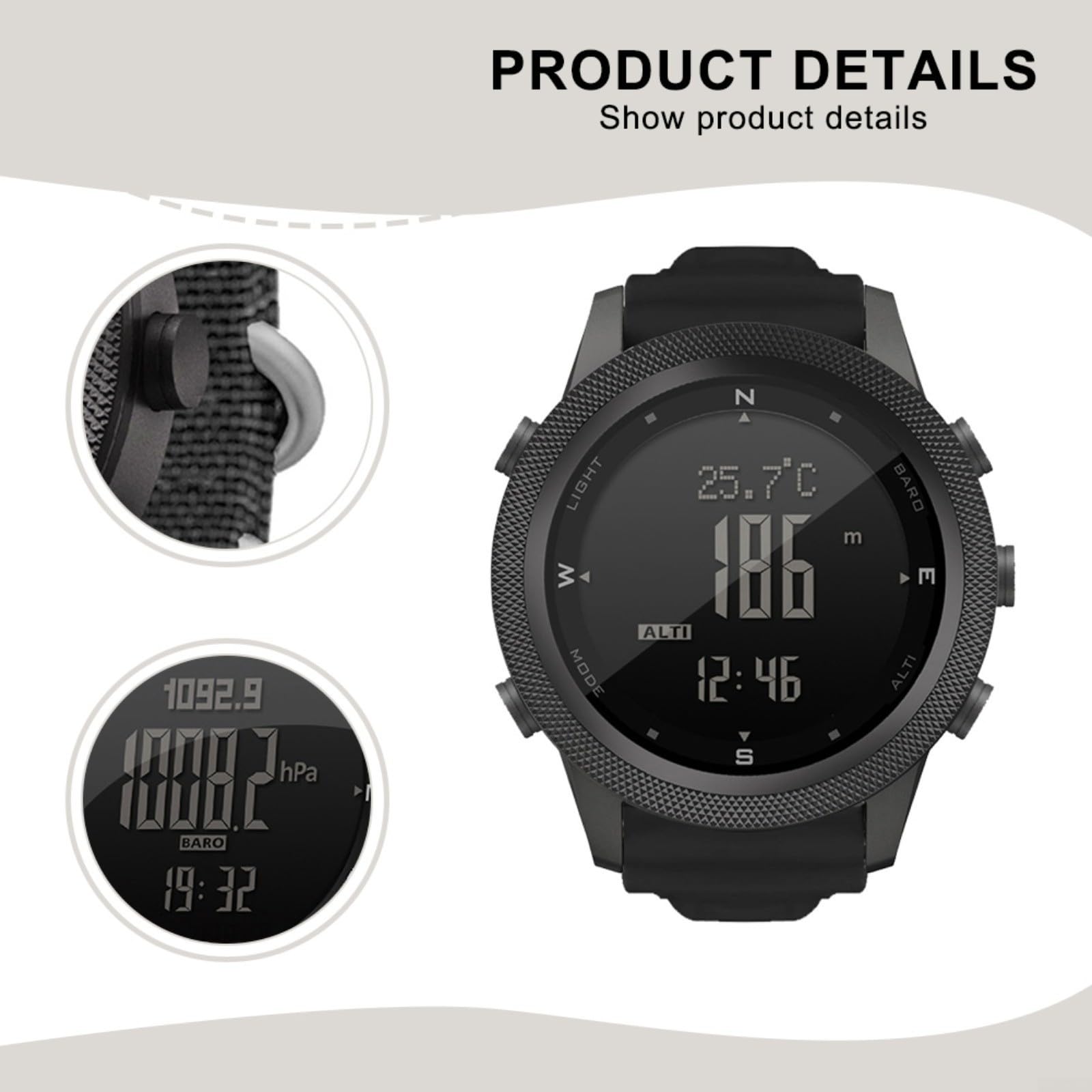 North AP46 - Reloj digital táctico para hombre: metal para brújula, podómetro, termómetro, retroiluminación EL, impermeable, para senderismo al aire libre, color negro