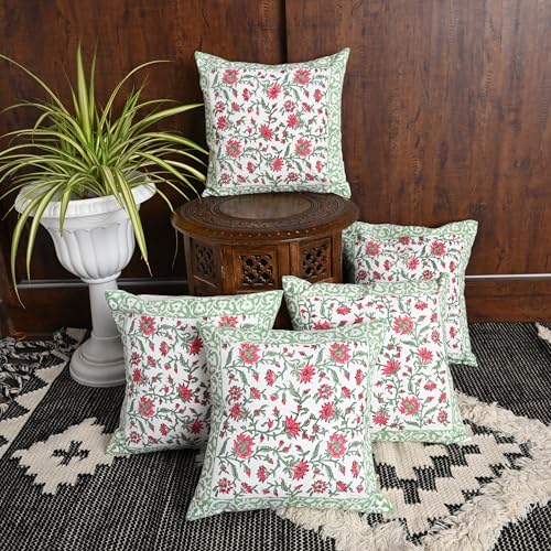 Image of Cotton Cushion Covers 16x16 Inch - Hand Block Floral Print Pillow Covers for Sofa, Couch & Bedroom (Pack of 5) (Green)