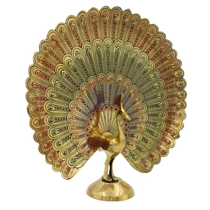 NATRIEL Golden Brass Peacock Eagle Indian Birds Statue Majestic Touch for Decor Decorative Showpiece - (Brass, Gold) (Peacock with Feather), 27 x 28 Cm