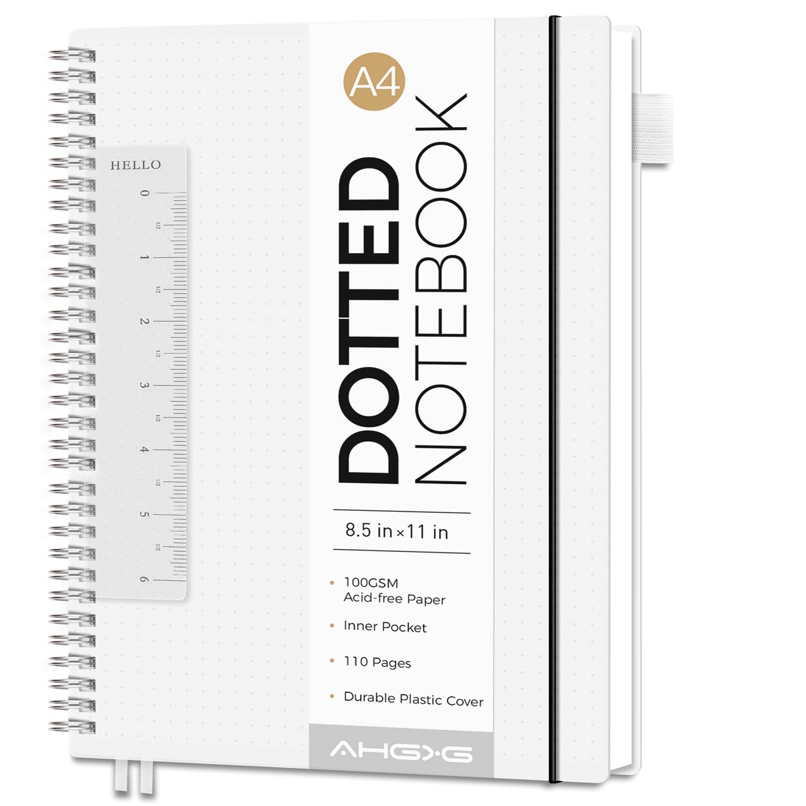AHGXG Dotted Journal - Dot Grid Spiral Notebook 8.5" x 11", A4 Large Dotted Notebook, 100 GSM Thick Paper, Waterproof Plastic Cover Journals for