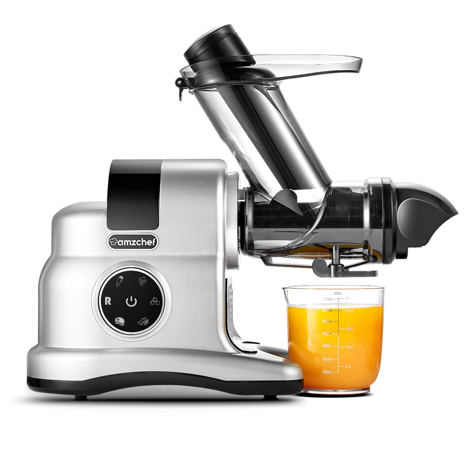 AMZCHEF Macchina 4-IN-1 | ①Estrattore / ②Grattugia Elettrica per Formaggio e Verdure / ③Tritacarne / ④Riempitrice per Salsicce | Argentori di Succhi con 80MM e Attacco Multifunzionale - Argento