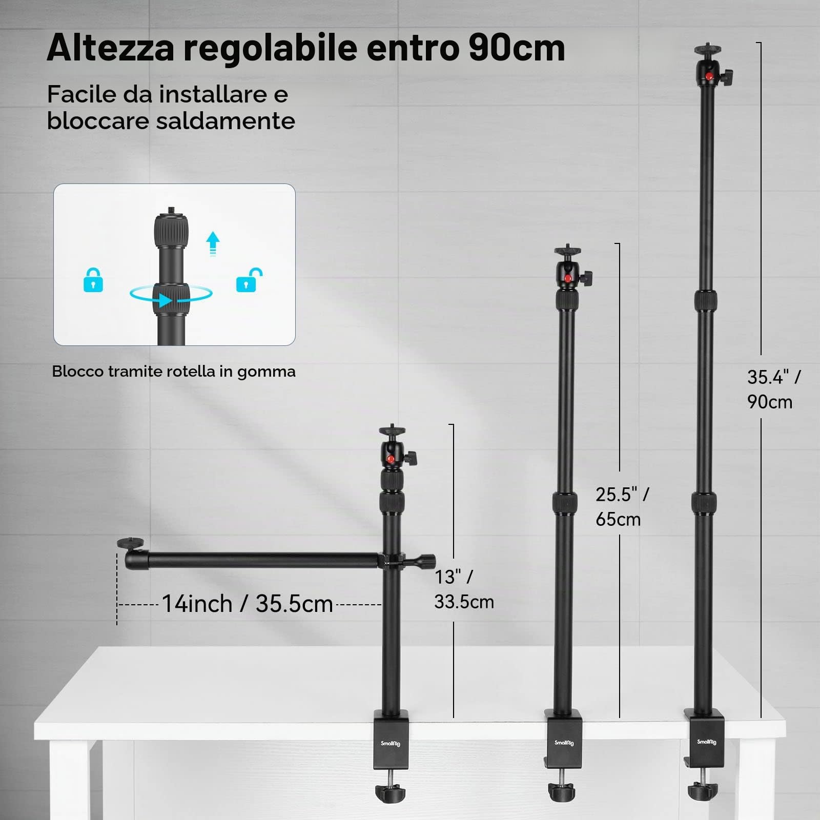 SMALLRIG Camera Desk Mount, Supporto da Tavolo con Braccio Magico, Supporto da Tavolo Regolabile per Fotocamera da 13"-35,4", Morsetto a C da Tavolo, Luce Anulare, Carico Massimo 10 kg - 3992
