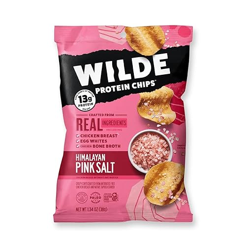 WILDE - Mini bolsas de papas fritas de pollo, altas en proteínas, hechas con pollo real, bolsas de 1.34 onzas (sal rosa himalaya, 8 unidades)