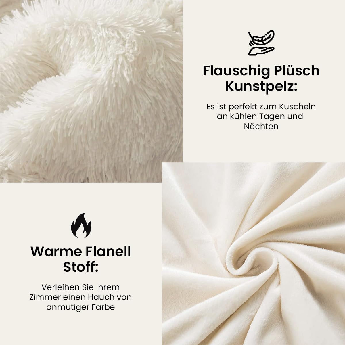 Sacebeleu Plüsch Bettwäsche Set 135x200cm Weiß Creme Warme Winter Flauschig Flanell Biber Mädchen Bettbezug mit Reißverschluss und 1 Kissenbezug 80x80cm