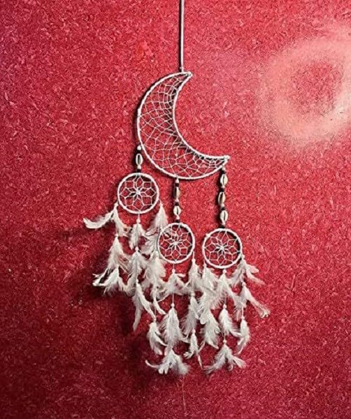 DHARUVTAR STORE dream catcher, Wallhanging Handmade,Items for Bedroom,Cafe, Balcony,Party,Hall Aluminium, Feather, Nylon, Wool Dream Catcher (60 inch, White) BZ_White Moon-image-26