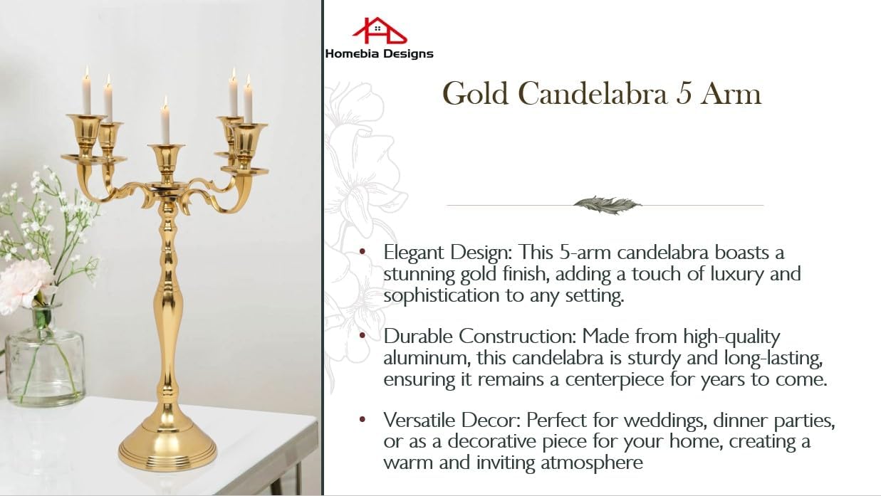 Metal Candelabra Five Arm Decorative Candlestick Holder for Weddings, Events, Dining Table Centerpiece Decoration, Halloween, Thanksgiving, Christmas, New Year & Everyday Use - 16 Inch Tall - Gold - Image 5