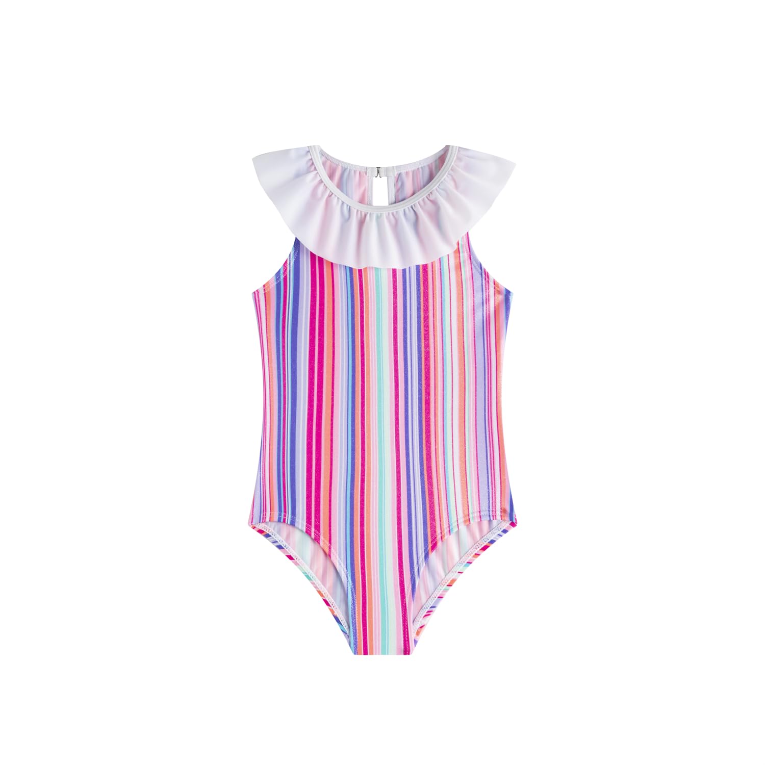 LIZENS Girls' One Piece Ruffle Trim Swimwear Rainbow Striped Swimsuit for Kids Children 2-12 Years(LG95-1,6-7T)