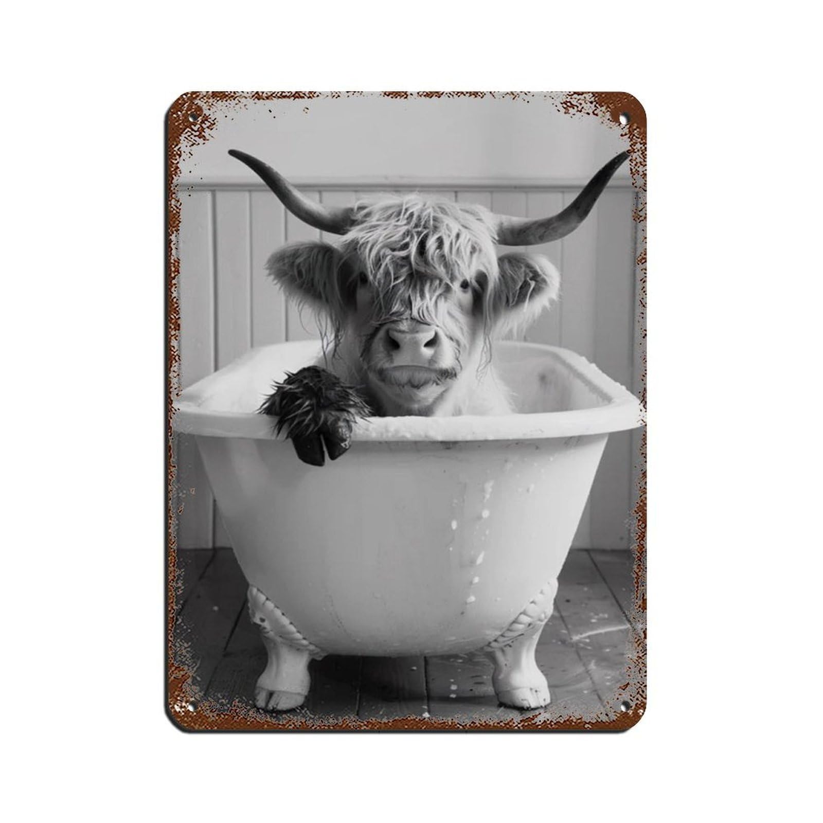 Highland Cow in The Bathtub, Funny Animal Poster Retro Poster Metal Tin Sign Chic Art Retro Iron Painting Bar People Cave Cafe Family Garage Poster Wall Decoration 12x16inch(30x40cm)