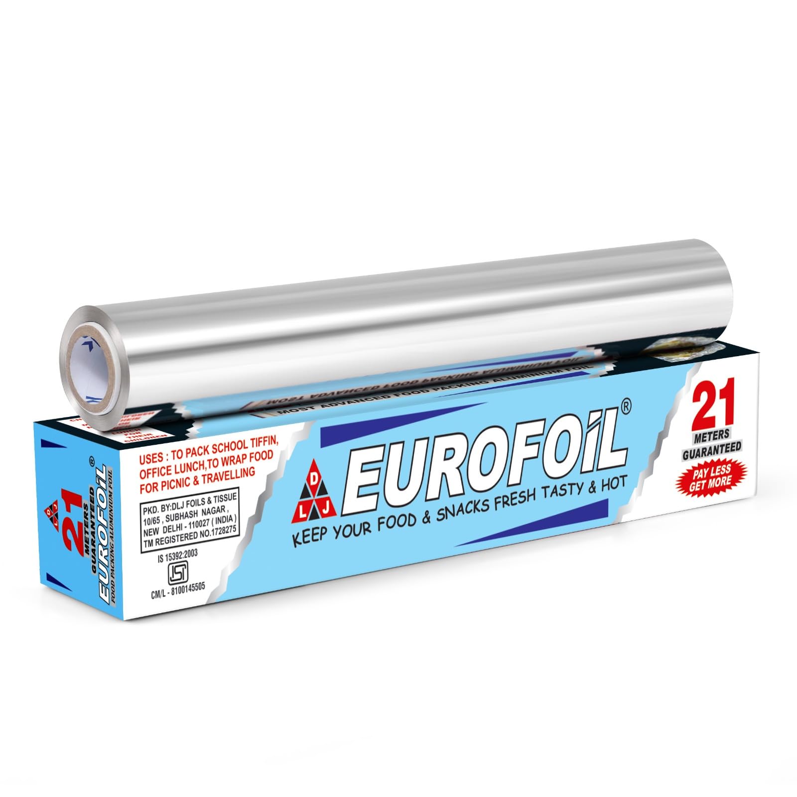 Eurofoil Food Wrap Aluminium Foil 21 Metre | Food Grade Strong & Durable Foil | for Packing, Wrapping, Cooking, Baking & Grilling | Non-Stick Multipurpose Parchment Paper | Keeps Food Fresh