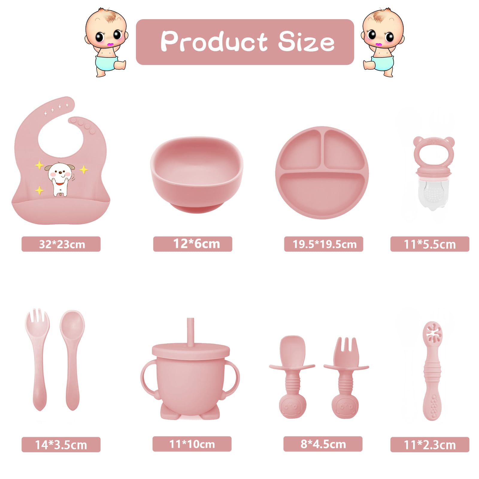 Set Pappa per Bambino, 12 Pezzi, Set Pappa Svezzamento per Bambini in Silicone, Senza BPA, Set di Posate per Bambini Antiscivolo con Ventosa Piatto Ciotola Tazza Bavaglino (Rosa chiaro)