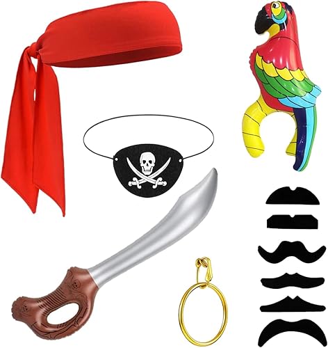 Miniatura 1 de FUEAWIM 6 accesorios piratas incluyen loro pirata hombro, parche de ojo de pirata, bandana, aretes de espada y bigotes falsos, disfraz de pirata de
