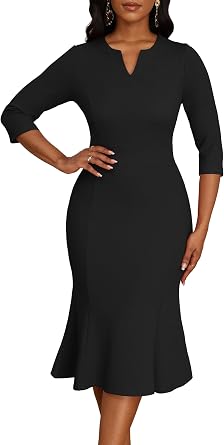 Nmoder Womens Wedding Guest Dress|Cocktail Mermaid Bodycon Church Fishtail Midi Dresses 3/4 Sleeve V-Neck