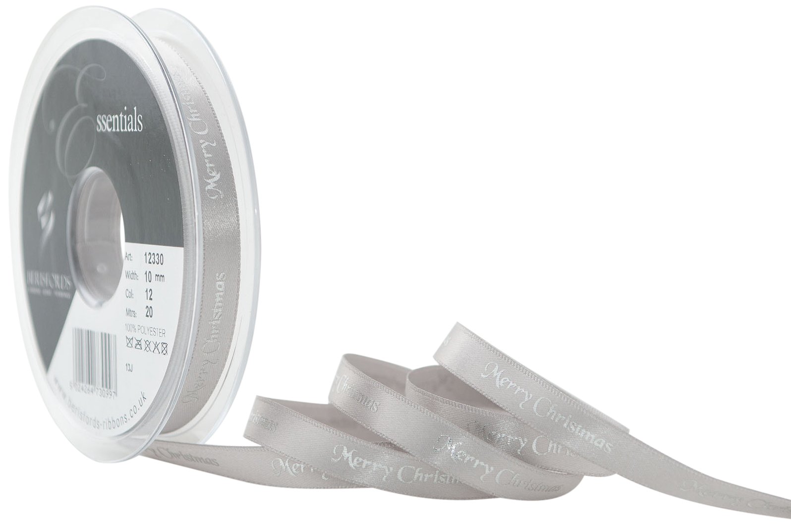 Berisfords 10 mm Merry Christmas Ribbon, Silver and Silver