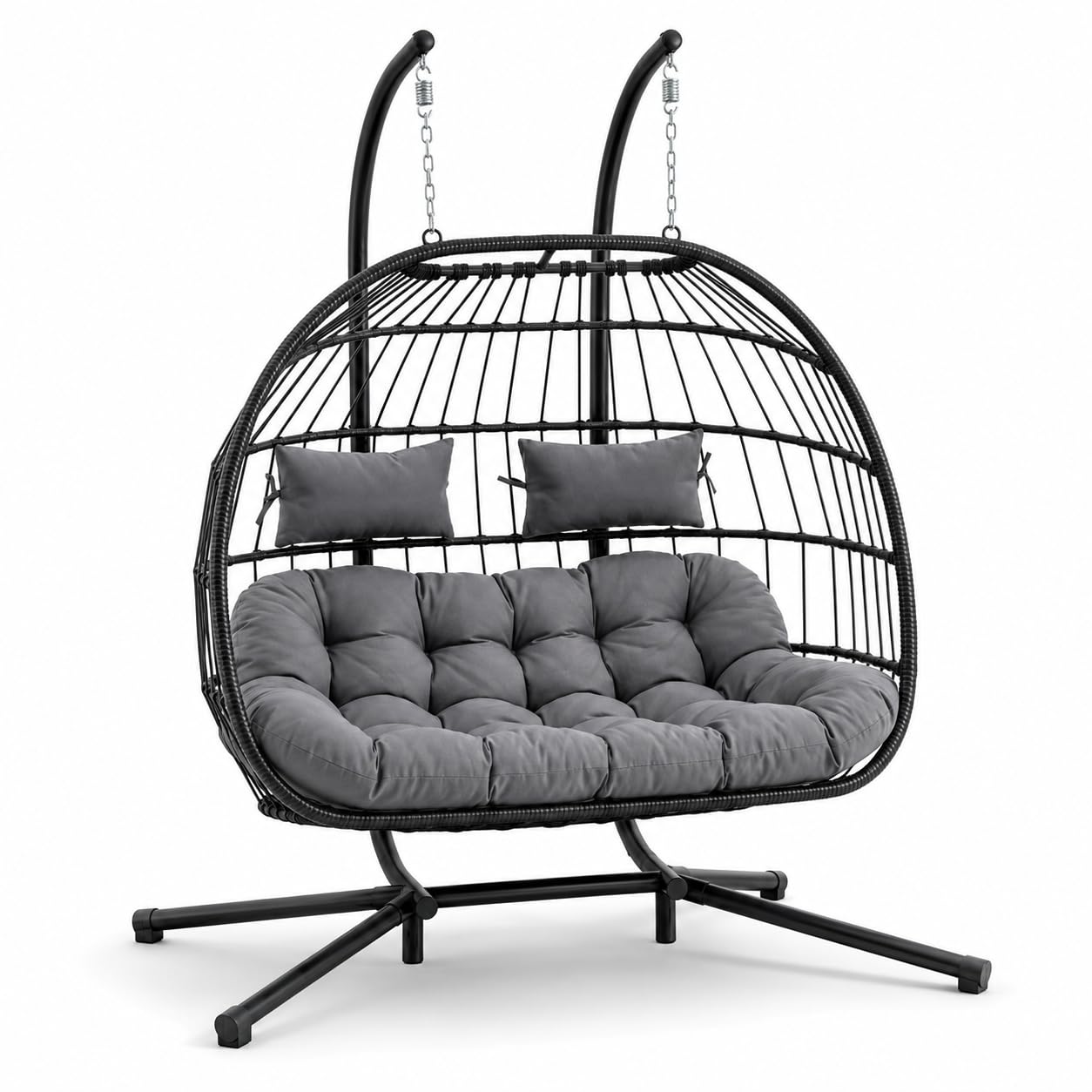Silla Colgante Doble Huevo 2 Personas – Columpio de Ratán PE con Cojín de Alta Densidad, Doble Arco de Acero, Muelles de Alta Resistencia y Base Antideslizante para Terraza, Jardín, Balcón e Interior