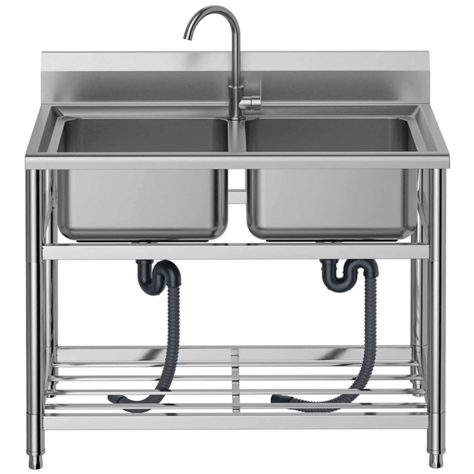 HCZKIUJY Kitchen Utility Sink,2 Compartment Commercial Stainless Steel Utility Sink, Freestanding Bowl Kitchen Sink for Restaurant, Garage, Laundry Room, Outdoor (Silver-110x65x85cm)