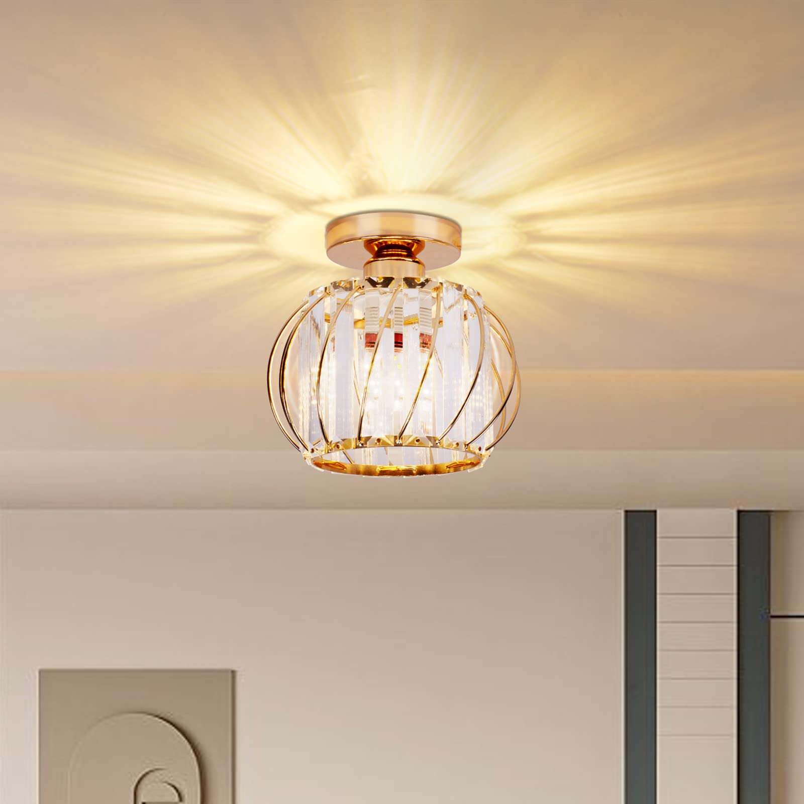 Vvciic Gold Modern Crystal Ceiling Light Fixture, Mini Semi Flush Mount Ceiling Light Fixture LED Ceiling Lighting for Hallway Kitchen Bedroom Living Room Dining Room Porch Balcony
