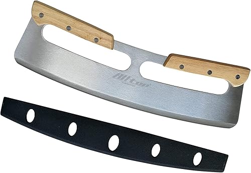 ALLTOP Cortador de pizza, cuchillo de hoja de acero inoxidable con doble mango de madera y cubierta de plástico, rebanadora/picadora de pizza