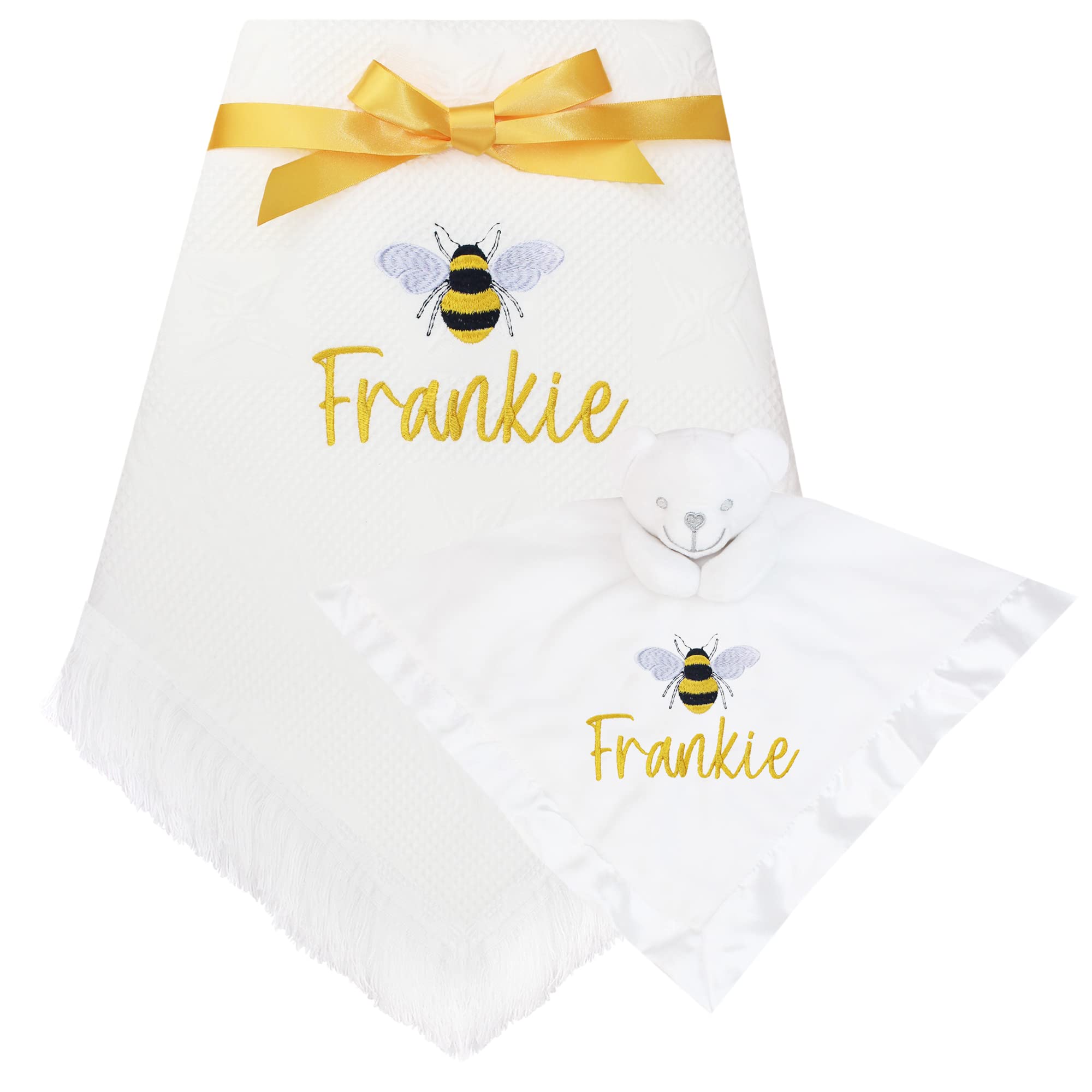TeddyT's Personalised Embroidered White Bumble Bee Baby Shawl Blanket with 3D Teddy Comforter, White & Gold, 122cm x 122cm