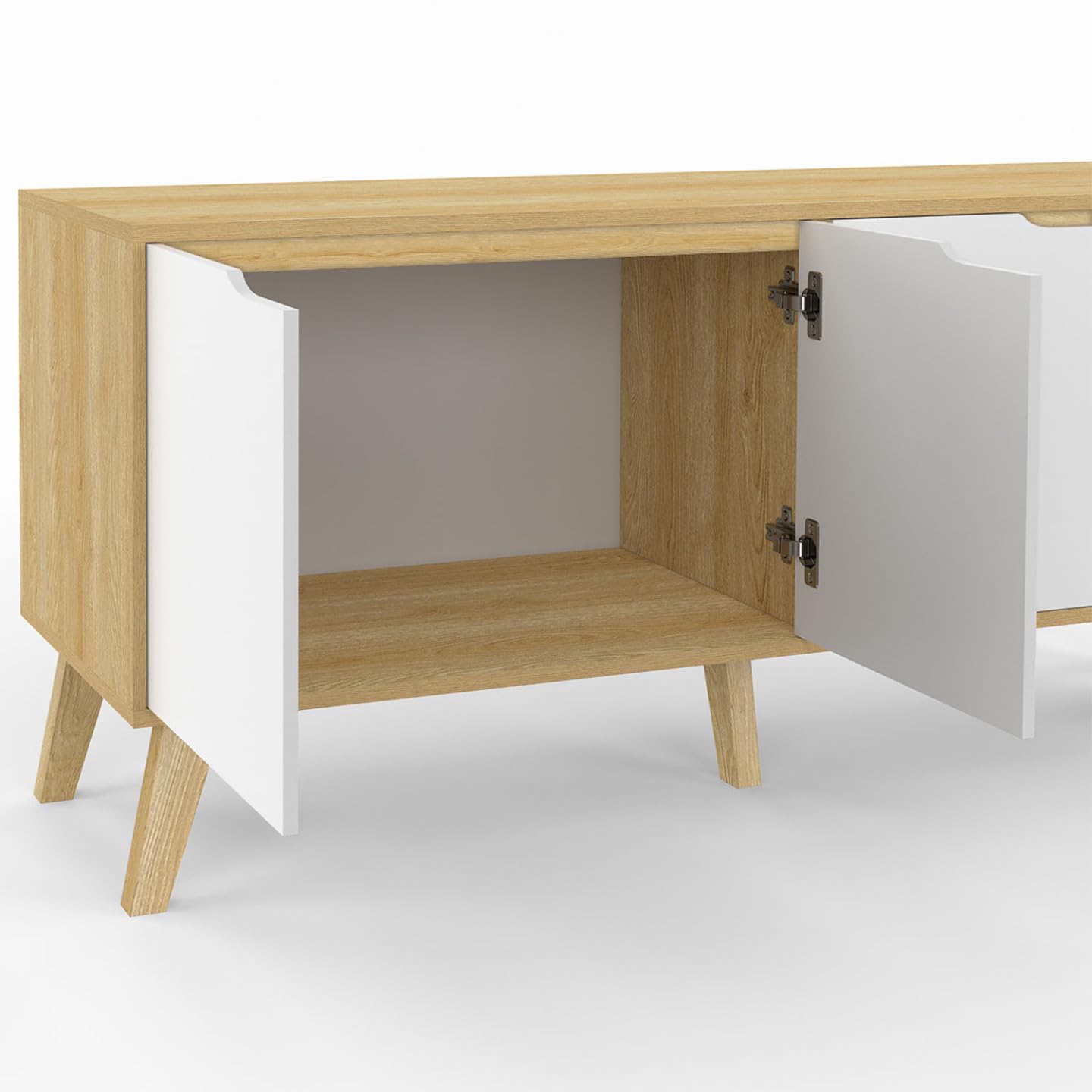 IDMarket - Buffet Bas scandinave 140 cm FINN 4 Portes Blanc et Bois façon hêtre