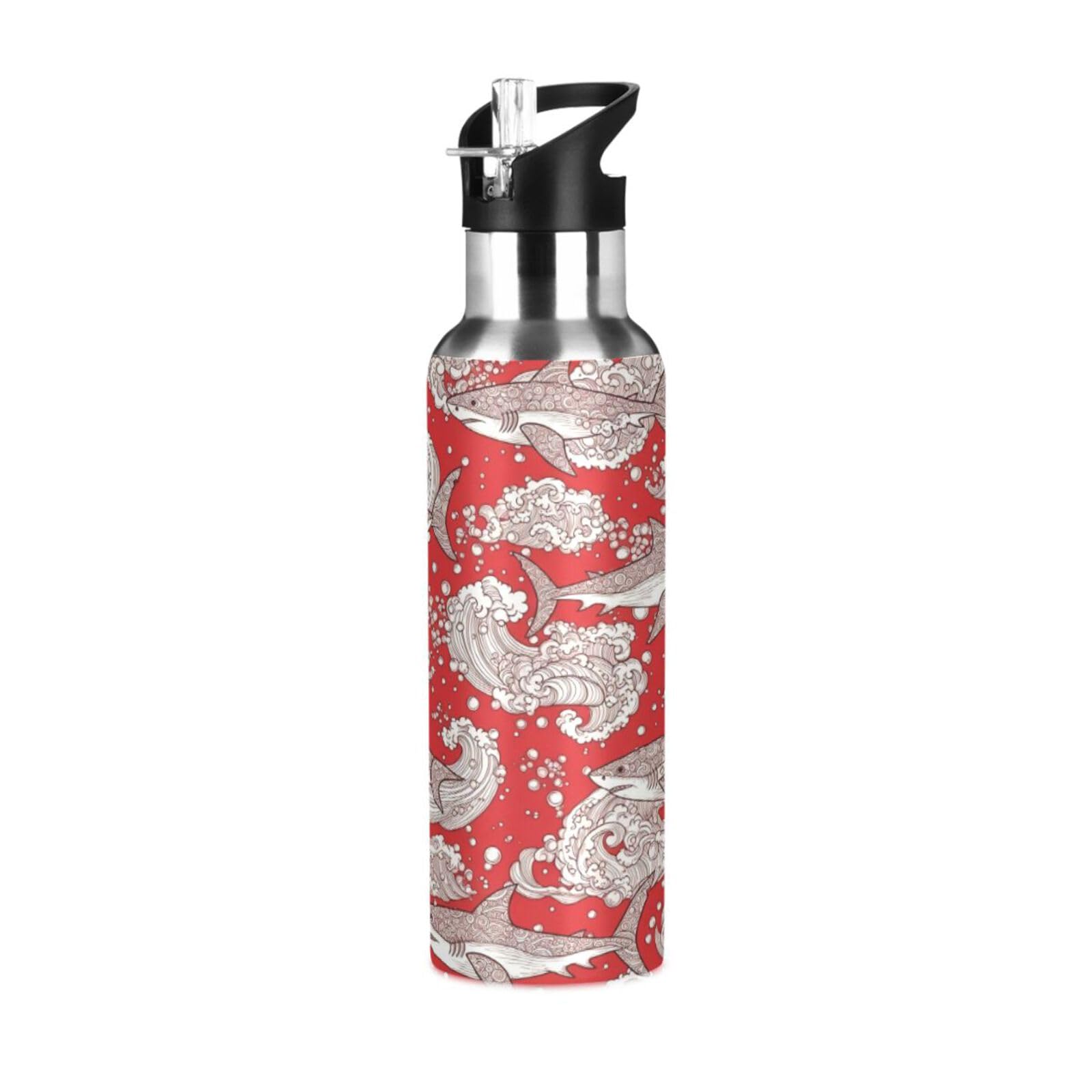 BOESI Red Tribal Sharks Insulated Water Bottle 600ml, Stainless Steel Vacuum Sports Bottle with Straw, Leak Proof Thermal Bottle for Gym Travel Outdoor
