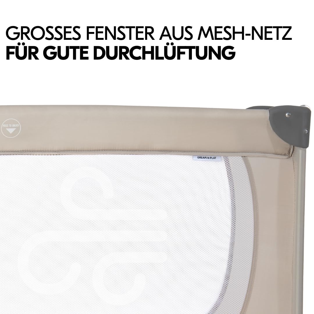 Hauck Baby Reisebett Set Dream N Play mit Alvi Komfort Matratze und Moskitonetz - faltbares Kinder Babyreisebett - Beige