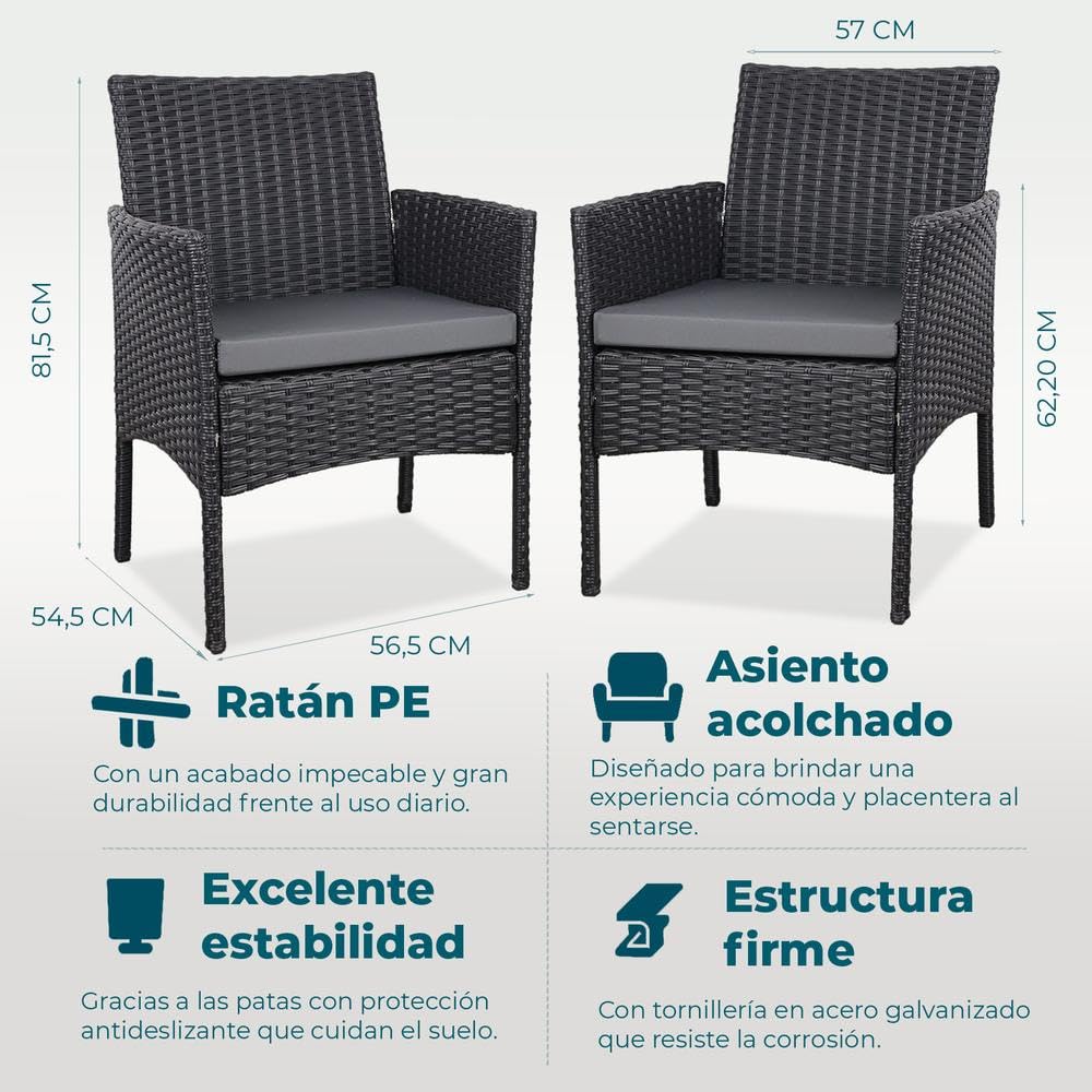 YOEVU Set Jardín 4 Piezas Ratán Sintético Antracita | Sofá y Sillas con Cojines Lavables, Mesa Cristal Templado, Resistente Agua/Sol, Ideal Terraza, Patio, Balcón