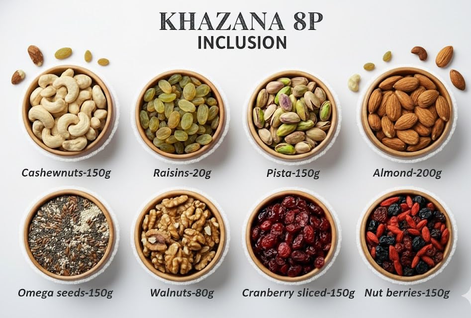 Image of Browntree Khazana-8P - 1230g |6 in 1 Combo Pack- Almonds, Cashews, Raisins, Pistachios, Walnut Kernels, Cranberries, Omega Seeds & Nut Berries| Dry Fruit Gift Hamper | Premium Grand Gifting Box for All Celebration | Luxury Festive Gift Pack for all Celebrations
