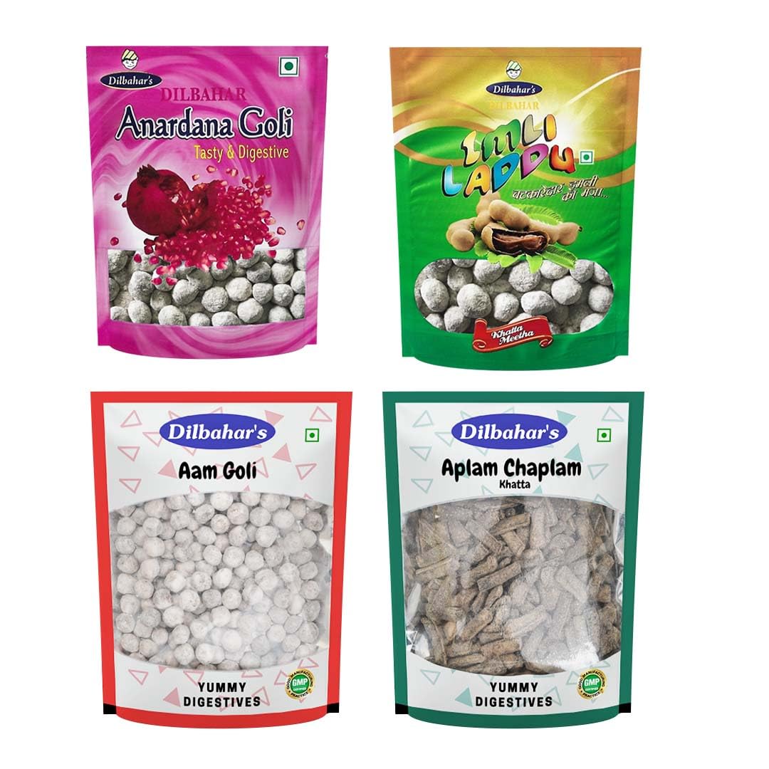 Dilbahar's Anardana Goli-Imli Laddu-Small-Aam Goli-Aplam Chaplam-Khatta-100g-Pack-of-4 | Digestive Pachak Chatpati Goli | Digestive Goli Pachak | Mukhwas Mouth Freshener | Digestive Pachak Churan